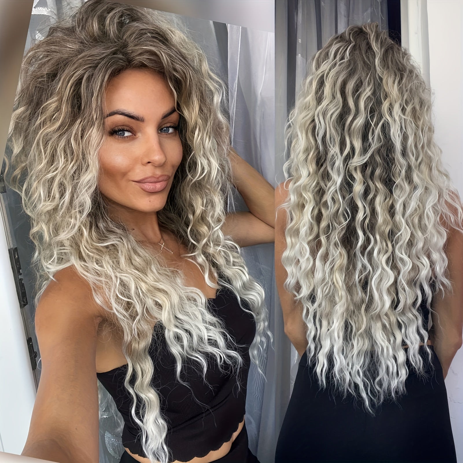 Ombre Ash Blonde Brown Curly Wig Long Wavy Middle Part Natural Looking Dark Roots Synthetic Wigs for Women 80s Halloween Carnival Party Wig Costume Party Or Daily Use 28 Inches