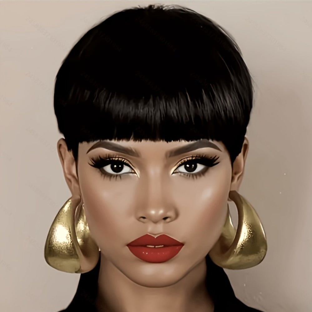 Human Hair Pixie Cut Wig with Bangs 180% Density No Glue Machine Made Breathable Cap Women Black Burgundy Short 6 Inch Daily Wear Party