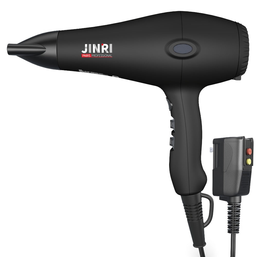 JINRI Professional Salon Ionic Hair Dryer with Diffuser & Concentrator Attachments, Ideal for Curly Hair - Black, 1875W, Non-Folding Handle, 1. 196.85inch-118.11inch Adjustable Cord, US Plug