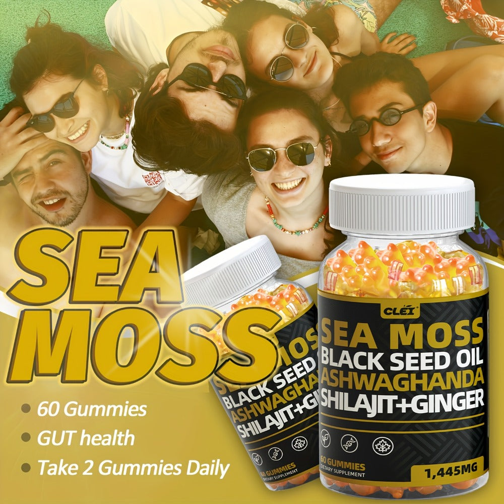 Sea Moss, Black Seed Oil, Ashwagandha, Ginger, Shila Gummies with Elderberry, Chlorophyll, Turmeric, Bladderwrack 1445mg, 60 Gummies | 1/2/3 Bottle