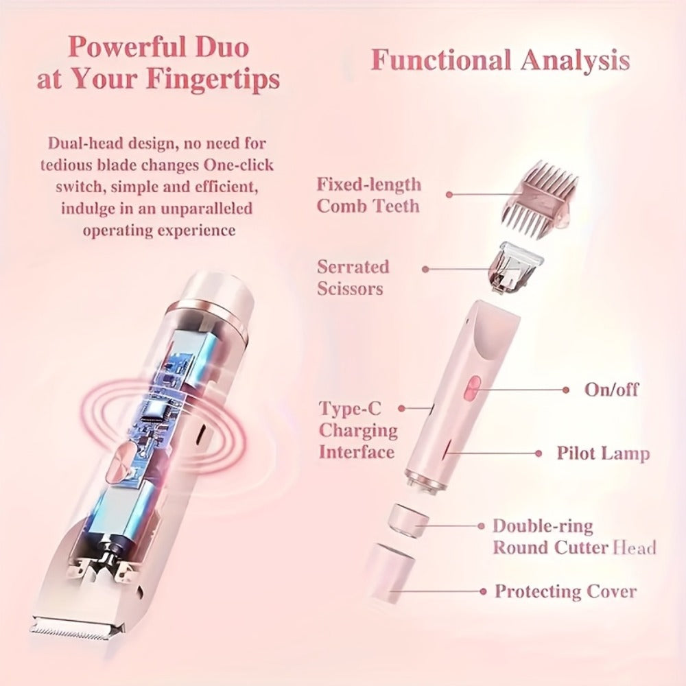 2-In-1 Electric Hair Removal Device for Home Use, Rechargeable Lithium Dual-Head Electric Hair Trimmer for Women | 1pc | Rechargeable Lithium Battery | USB Charging, Multipurpose Bikini Razor And Face Shaver | Body, Arms, Thighs, Electric Shaver