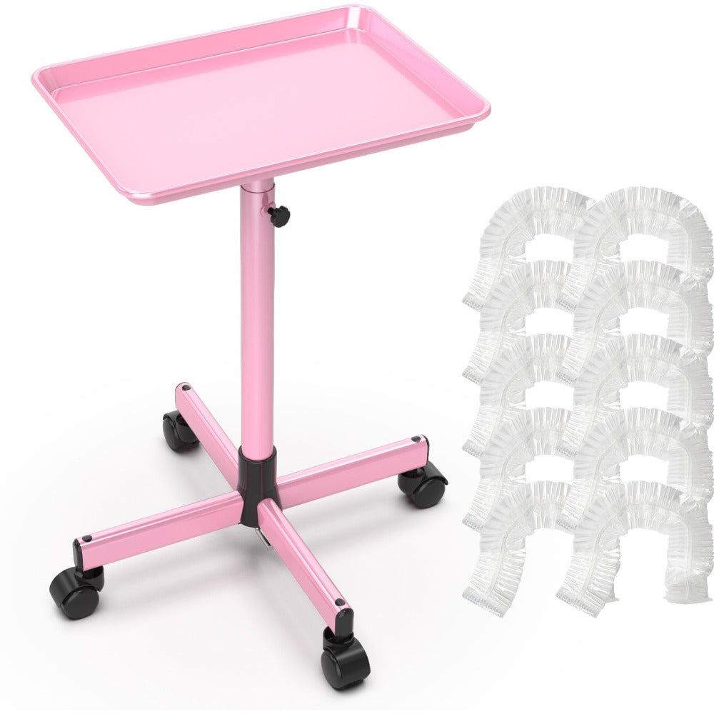 Premium Salon Tray Cart - Tattoo Tray in Gold & Pink, Adjustable Height Rolling Trolley for Spa, Salon & Hairstylist – Mobile Utility Tray with 10 Disposable Salon Tray Covers (Fits Trays ≤ 27.5in) for Storage & Organization