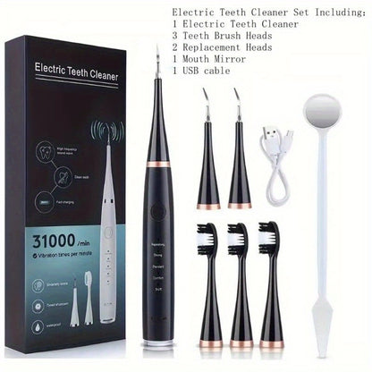 Electric Teeth Cleaner Kit USB Rechargeable 5 Cleaning Modes Dental Scaler Plaque Tartar Remover Gum Health Tool Holiday Gift Set for Family Friends Adults Black White Green
