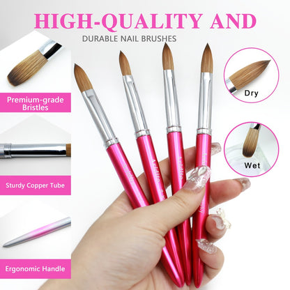 Kolinsky Acrylic Nail Brush 100% Kolinsky Hair Flat Shape Professional Brush for Acrylic Extension Nail Art Sculpting Manicure Pedicure Rose Red Handle & Cap Sizes #10 #12 #14 Nail Technician