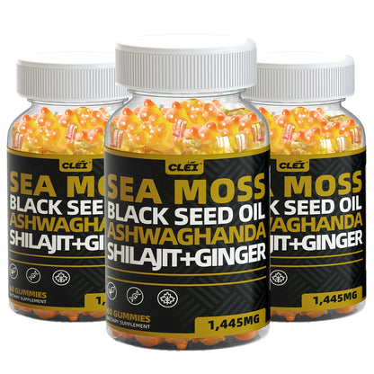 Sea Moss Gummies 1445mg with Black Seed Oil Ashwagandha Elderberry Turmeric Bladderwrack Chlorophyll & Ginger | 10-in-1 Superfood Immune & Energy Support | 60 Gummies Per Bottle