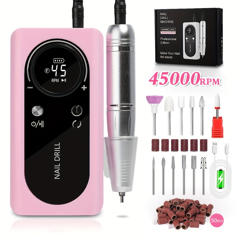 45000RPM Electric Nail Drill Machine with LCD Display Low Noise Rechargeable Manicure Machine for Polishing Gel Nail Polish
