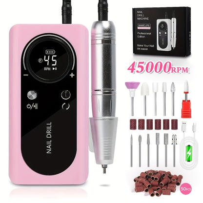 Nail Drill Machine 45000RPM Low Noise Rechargeable — Electric E-File with LCD Display for Gel Polish Acrylic Natural Nails, Professional Quiet Manicure Polishing Tool for Home & Salon, White Purple Pink