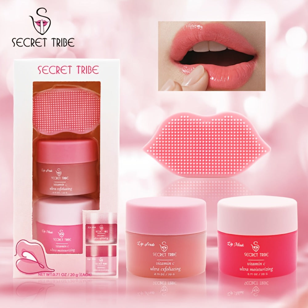 Three-Piece Lip Care Set from Secret Tribe: Includes Lip Balm, Exfoliating Scrub, And Lip Brush for Hydration, Exfoliation, And Enhancing Lip Color, Ideal for Skincare Enthusiasts with Natural Ingredients And Gentle Exfoliation