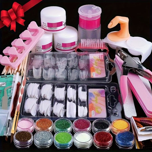 Nail Acrylic Powder Tool Set, 12 Colors Glitter, Straight Cut, Nail Plate, Press Bottle, Extension Paper Holder, Nail Decoration, Suitable for Beginners (Acrylic Solution Not Included)