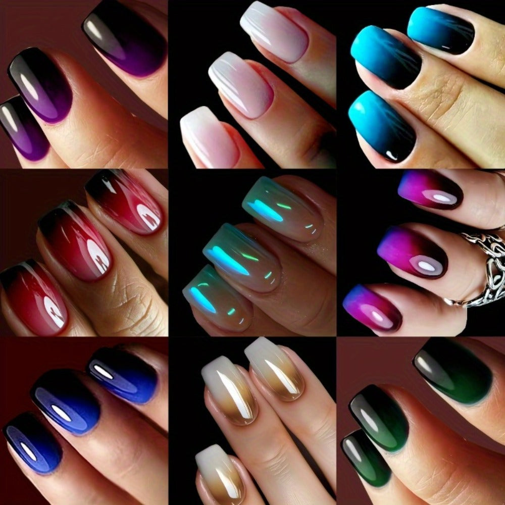 Short Square Fake Nail Glossy False Nails with Designs Gradient Glossy Press on Nails 216pcs (9 PACK) Acrylic Nails Glue on Nails Full Cover Stick on Nails for Women and