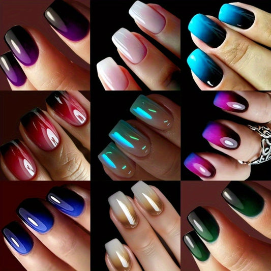 Short Square Fake Nail Glossy False Nails with Designs Gradient Glossy Press on Nails 216pcs (9 PACK) Acrylic Nails Glue on Nails Full Cover Stick on Nails for Women and