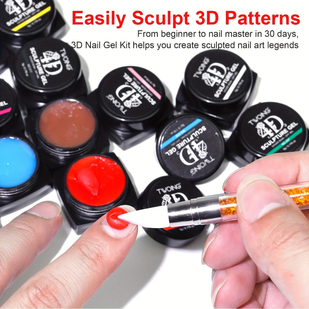 3D 4D Sculpture Gel Nail Art Kit 12 Colors with Carving Pen — Non-Sticky Soak-Off Nail Sculpting Gel Firm Texture for 3D Nail Designs Flowers Leaves Extensions DIY & Salon Manicure