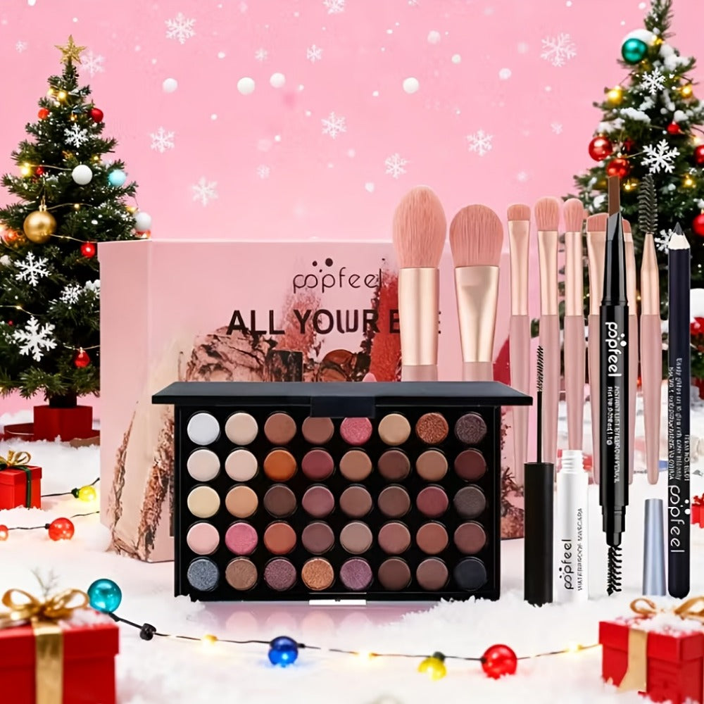 Makeup Kit Full Face POPFEEL All-in-One Eyeshadow Palette Blush Foundation Mascara Brush Set Berry Neutral Shades Gift Set for Women Beginners