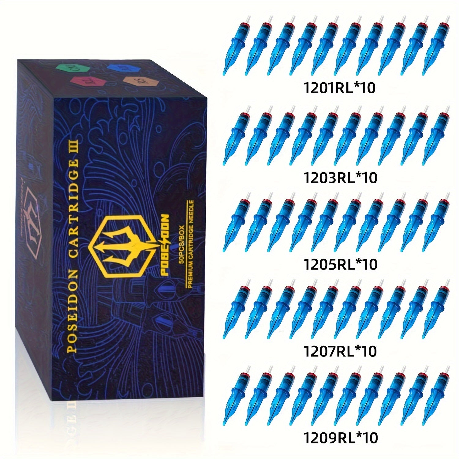 POSEIDON V3 Tattoo Cartridge Needles 50pcs Mixed Size Steriled Needles with Membrane Safety Cartridges-1203Rs, 1205RS, 1207RS, 1209RS, 1211RS
