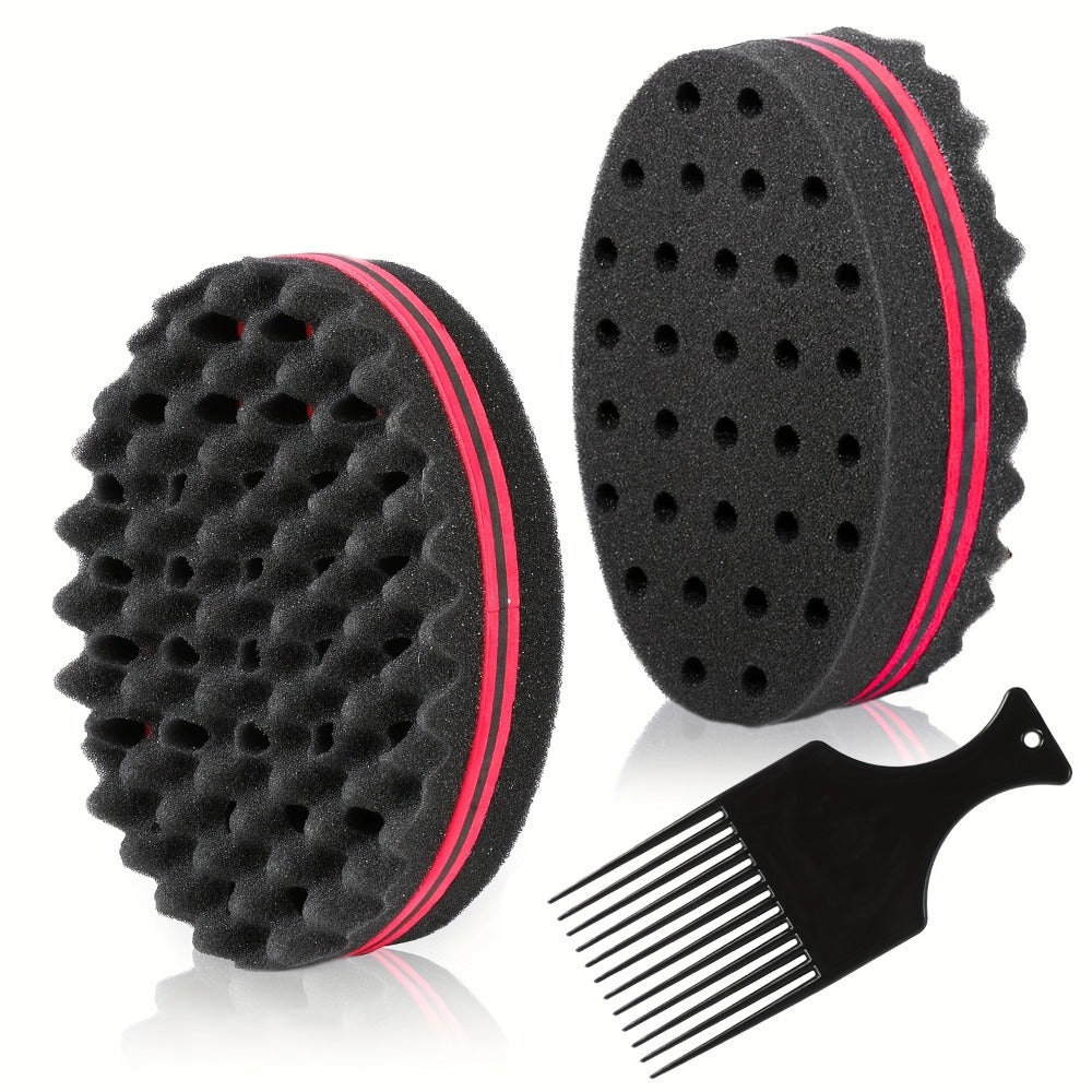 Twist Sponge Brush & Styling Comb Set for Curly Natural Black Hair — Metal Pick & Coil Definer Tools for Afro Coils, Locs & Short Hair
