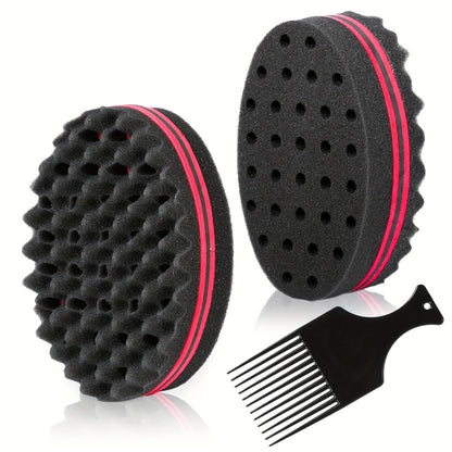 Twist Sponge Brush & Styling Comb Set for Curly Natural Black Hair — Metal Pick & Coil Definer Tools for Afro Coils, Locs & Short Hair
