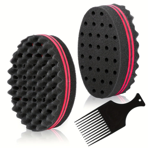 Twist Sponge Brush & Styling Comb Set for Curly Natural Black Hair — Metal Pick & Coil Definer Tools for Afro Coils, Locs & Short Hair