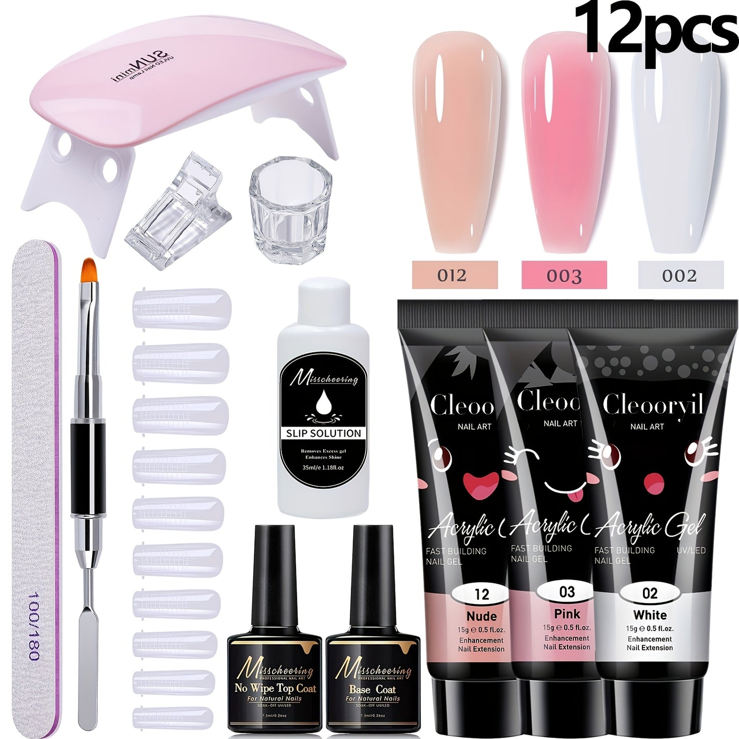 Poly Gel Nail Extension Kit 12pcs — Polygel Stretch Gel Manicure Set with Mini LED Nail Lamp, Bicolor Synovial Base Coat & Finger Sleeves | Complete Nail Builder Kit