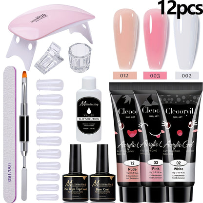 Poly Gel Nail Extension Kit 12pcs — Polygel Stretch Gel Manicure Set with Mini LED Nail Lamp, Bicolor Synovial Base Coat & Finger Sleeves | Complete Nail Builder Kit