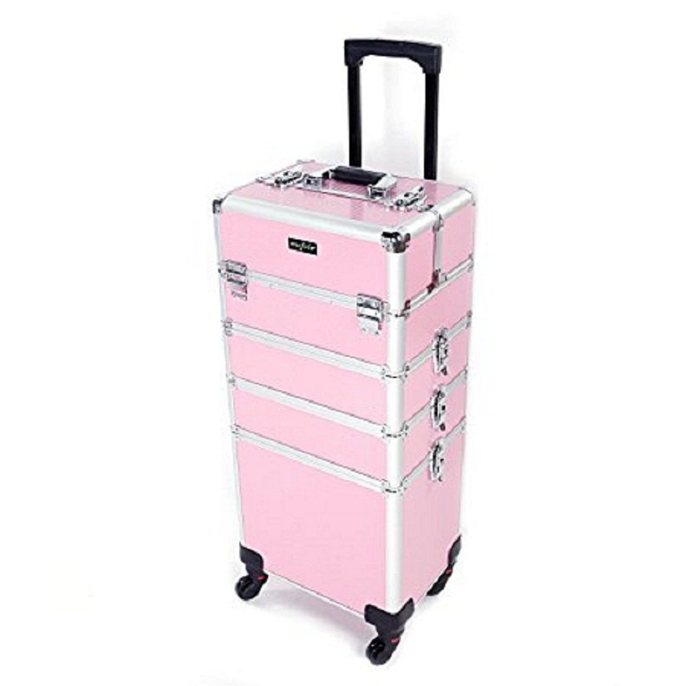 OmySalon 4in 1 Rolling Makeup Train Case, Aluminum Makeup Travel Organizer Cosmetic Case, Cosmetology Display Suitcase On Wheels, Beauty Storage Luggage Lockable W/4 Removable Wheels, Valentines Day Gift for Her, Valentine's Day And Other Festivals