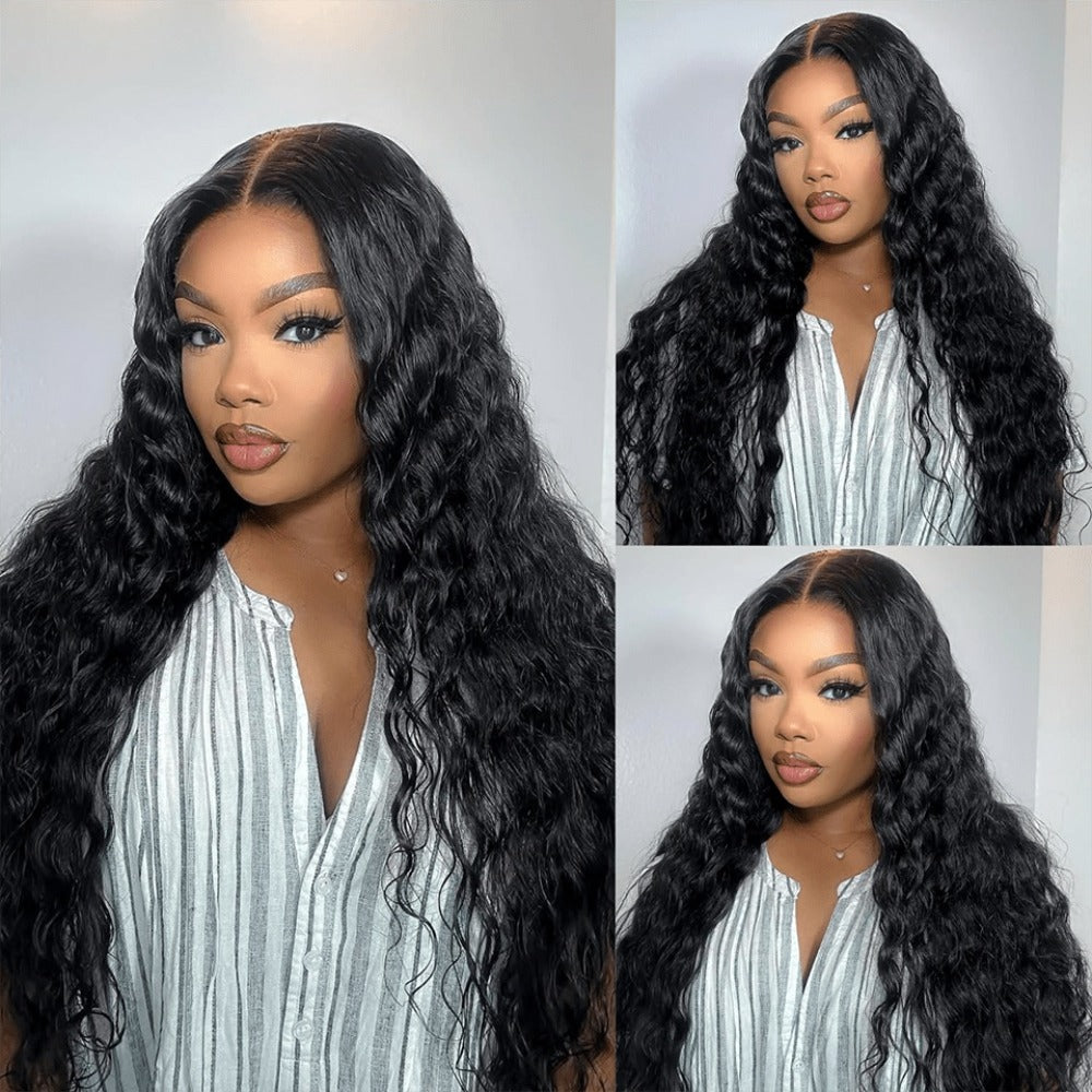 Deep Wave Wig Human Hair Glueless 250% Density Lace Front Wig Pre Plucked Pre Cut Lace Buckle Cap Loose Wave Human Hair Wigs for Black Women Natural Black 14 Inch