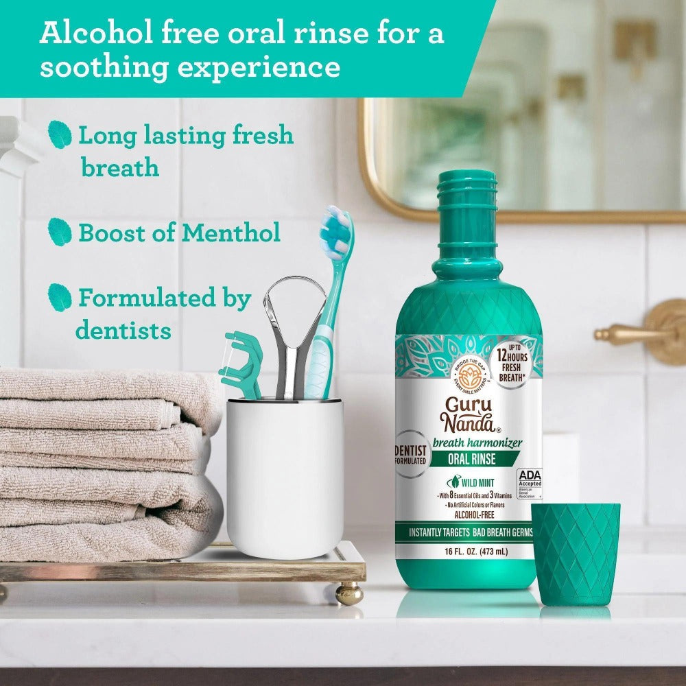Mouthwash Alcohol Free Fluoride Free 2 Pack 16 oz GuruNanda Fresh Breath Oral Rinse with Essential Oils Sodium Chlorite Vitamins D3 E K2 ADA Accepted Wild Mint 24 Hour Fresh Breath for Adults