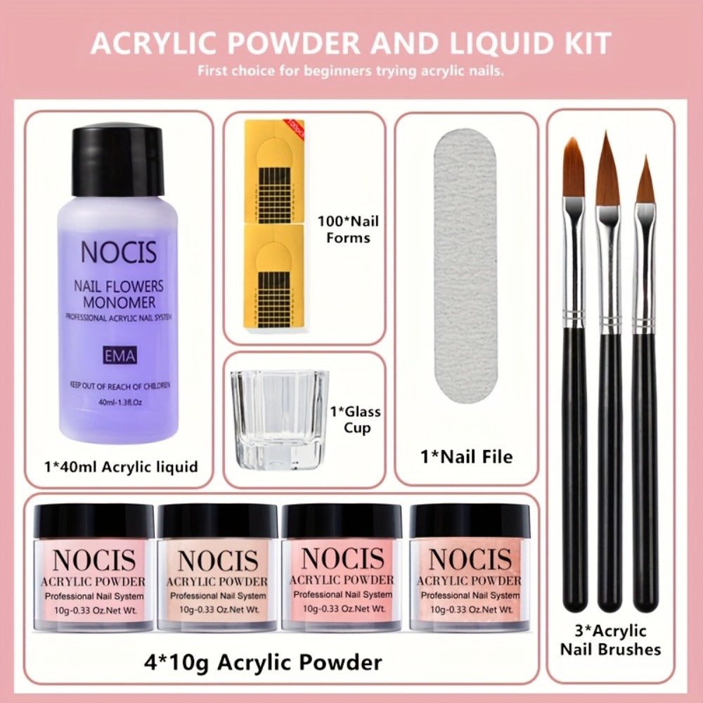 NOCIS Acrylic Nail Powder Kit - Pinkish Nude Brown Tones, 3D Art And French Manicure Extensions, All-Season Carving, No-Lamp Needed for Professional Salon-Quality Results, Acrylic Nail Powder Kit