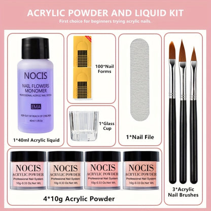 Acrylic Nail Powder Kit 4 Colors Pink Nude Brown Tones - 3D Nail Art French Manicure Extensions All-Season Carving No Lamp Salon Quality Set