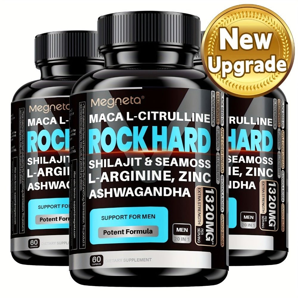 ROCK HARD Supplements | Strength, Energy & Vitality | With Shilajit, Ashwagandha, Maca, Sea Moss, L-Arginine | Day& Night Support, 60 Capsules, 30-Day Supply