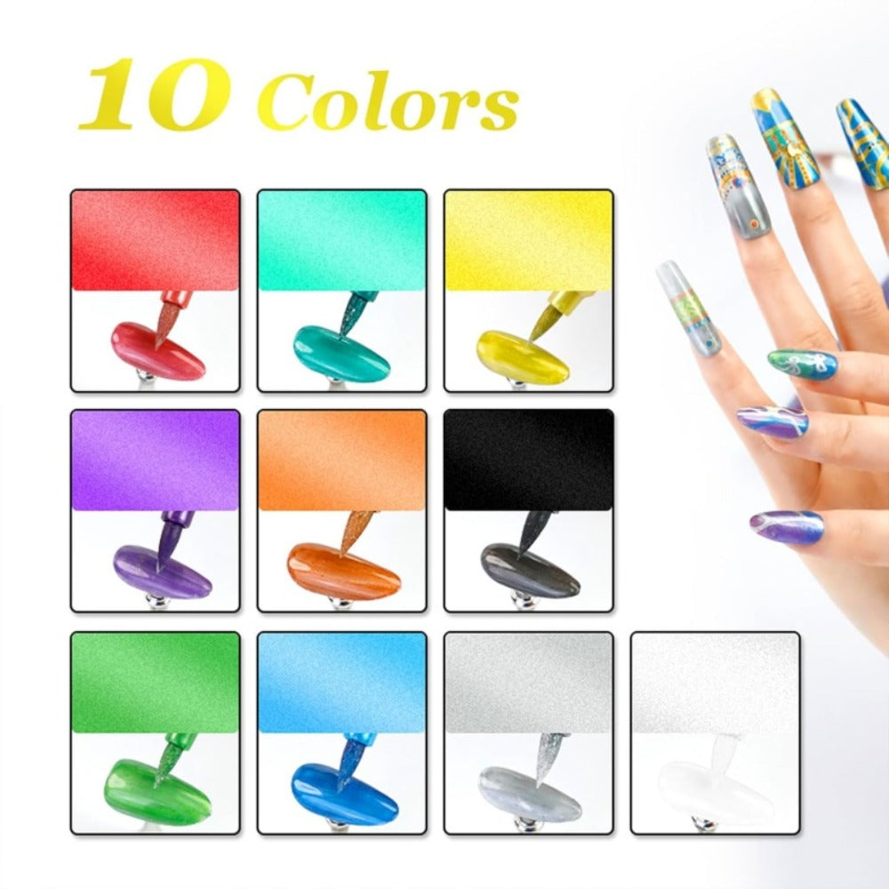 10 Color Metallic Nail Art Pens Set with 12pcs Nail Stickers| Due-Headed 3D Nail Polish Pen| Acrylic Doodle Nail Markers, Nail Paint Dot Stitching Pens, Graffiti Pens for Home Salon Nail Gift Graduation