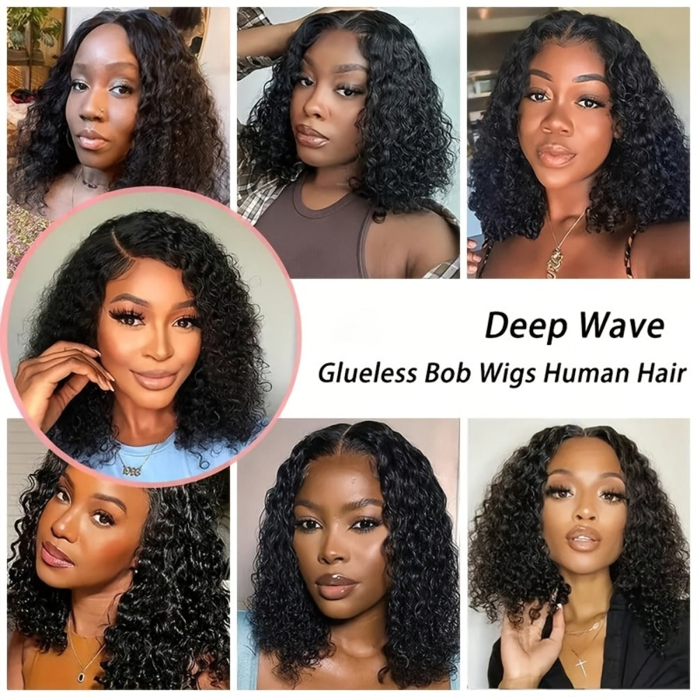 4x4 Lace Front Wig Short Curly Bob Human Hair Brazilian Deep Wave Glueless Pre-Plucked Pre-Cut Bouncy Curls Natural Hairline Beginner Friendly 12 Inch