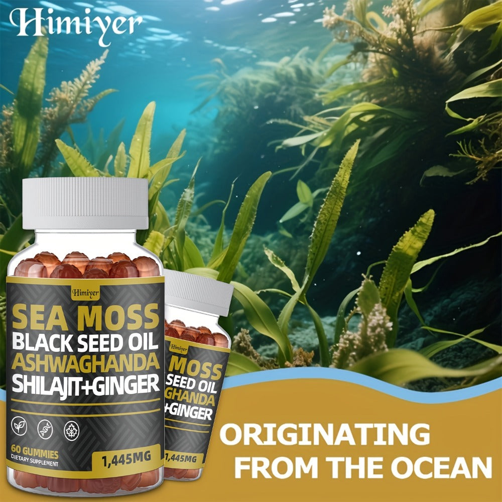 2 Month Supply, Sea Moss Gummies Black Seed Oil, Ashwagandha, Ginger, Shila Gummies with Elderberry, Chlorophyll, Turmeric, Bladderwrack, 60 Gummies Per Bottle