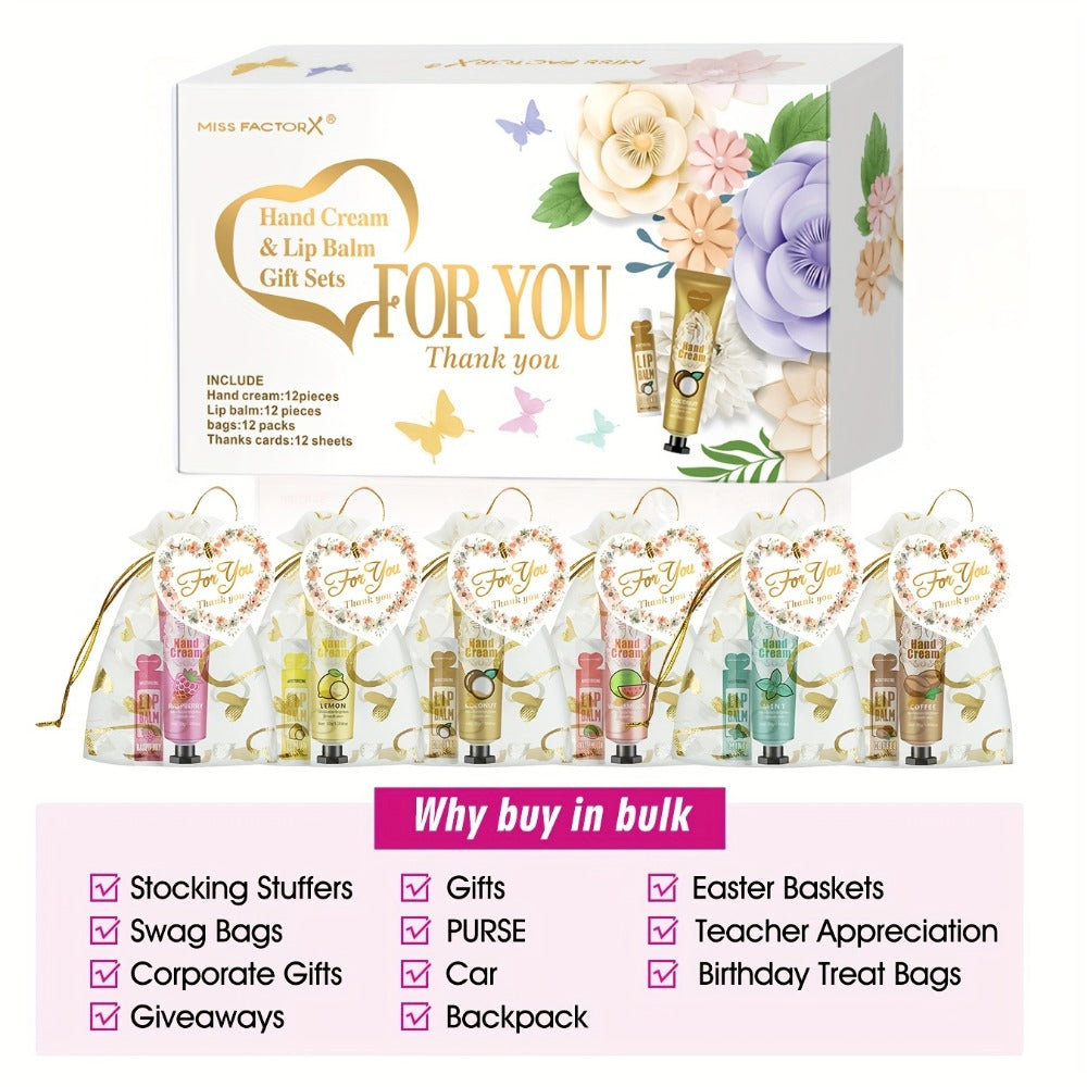 48pcs/Sets Hand Cream & Lip Balm Gift Sets - Perfect For Wedding, Friend Gatherings, Or As A Party Favor! Includes 12pcs Hand Cream, 12pcs Lip Balm, 12pcs White Heart-Shaped Hot Stamping Yarn Bags, And 12pcs Thank You Cards. Mother'S Day Gift