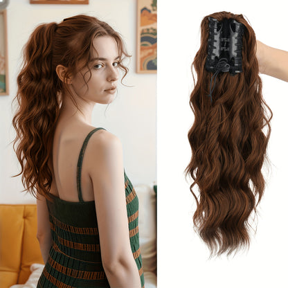 Curly Water Wave Ponytail Extension 16 Inch - Heat Resistant Synthetic Clip In Hairpiece Voluminous Claw Clip Ponytail for Women Daily Wear Festive Occasions Black Burgundy Brown Golden