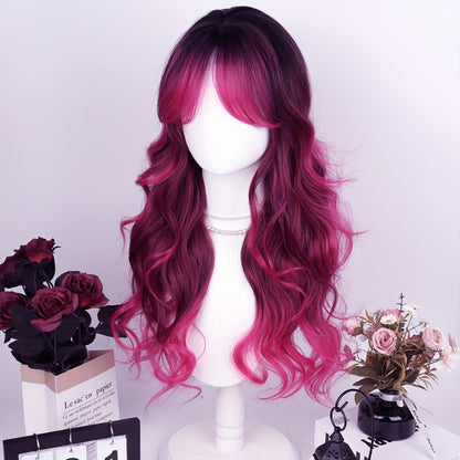 Long Wavy Wig with Air Bangs for Women — 28 Inch Rose Red Gradient, 150% Density Heat Resistant Synthetic Hair, Rose Net Cap, Curly Wave Style, Parties Halloween Christmas Daily Wear