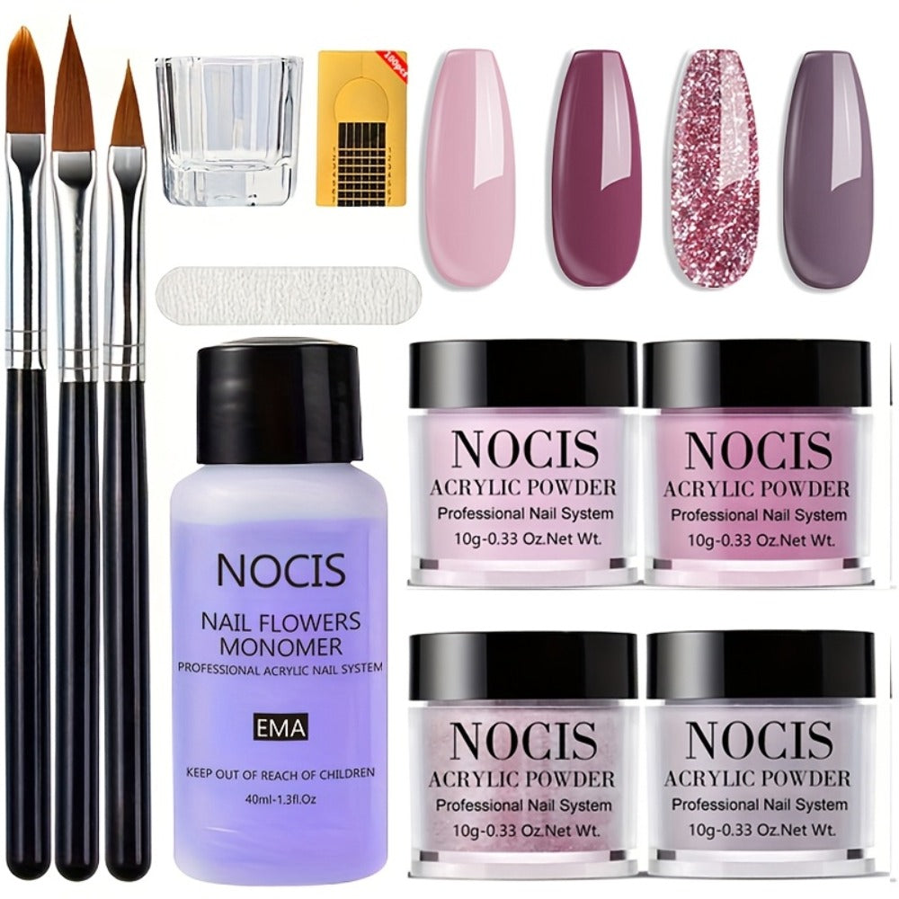 NOCIS Professional Acrylic Nail Kit - Salon-Quality Set with Liquid Monomer, 4 Powders & Brushes for Extensions, Carving & French Manicure - Odorless, Perfect for At-Home Beauty