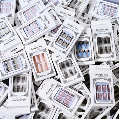 Press On Nails 288pcs Mixed Color Square - White French Stripes Brown Blue Purple Gradient Glitter Heart Leaf Oval Matte Reusable Fake Nails Holiday Manicure Kit Valentine Christmas Easter