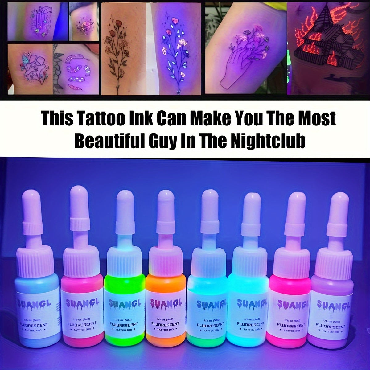 UV Tattoo Ink Set Blacklight Fluorescent Glow in the Dark Tattoo Ink 5ml Bottles Professional UV Reactive Tattoo Dye for Blacklight Body Art Glow Parties Tattoo Supplies 5 8 11 15 Colors