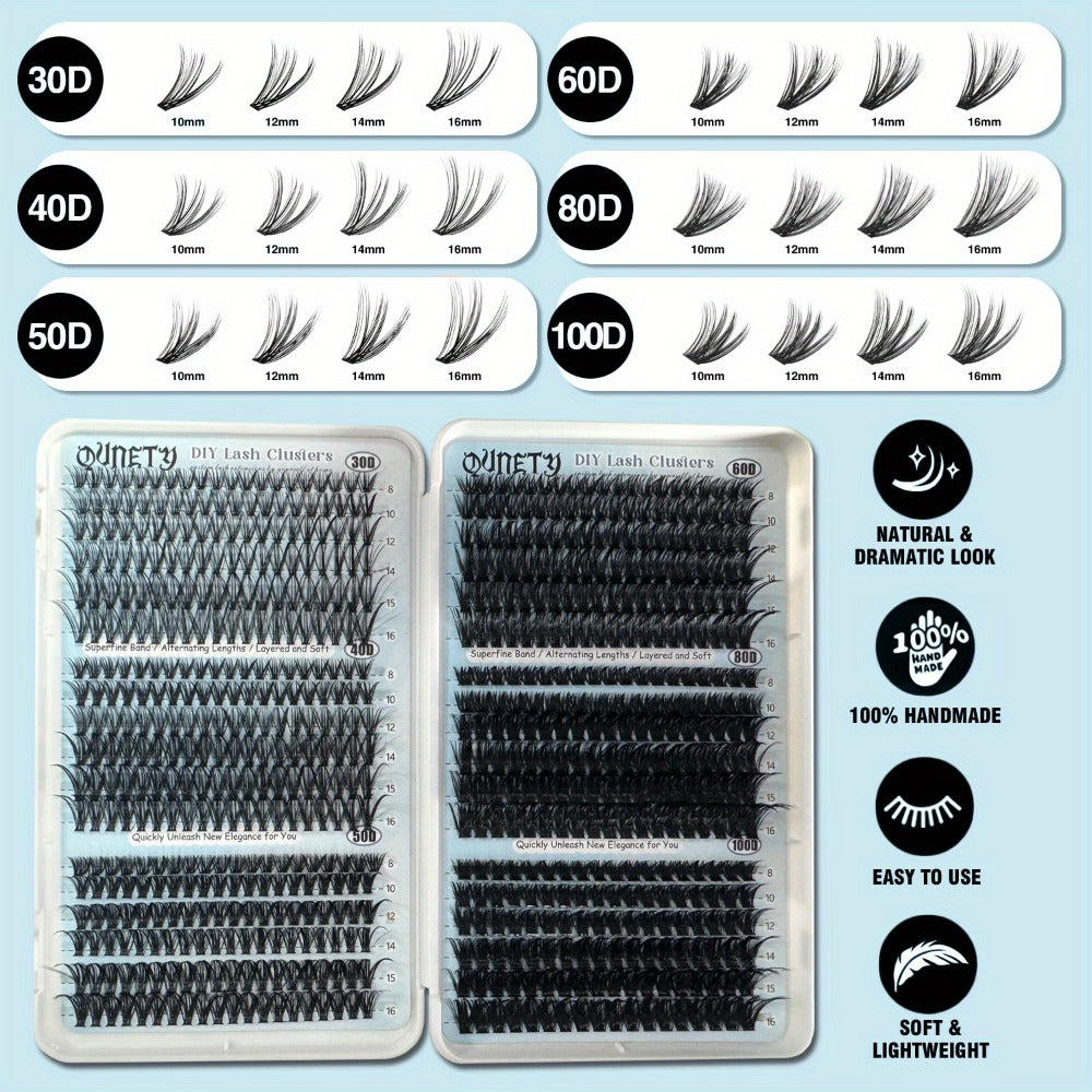 720pcs, 30D-100D Eyelash Extension Kit with Glue & Tweezers - 6 Styles/ Lengths, Lightweight Long-Lasting Cluster Lashes, No Irritation, 100% Handmade for Natural/ Volume Look