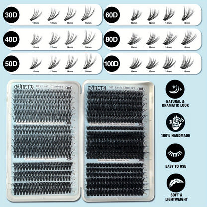 Cluster Lash Extension Kit 720pcs with Glue & Tweezers — 30D–100D, 6 Styles & Lengths, Lightweight Long-Lasting, No Irritation, 100% Handmade for Natural & Volume Look
