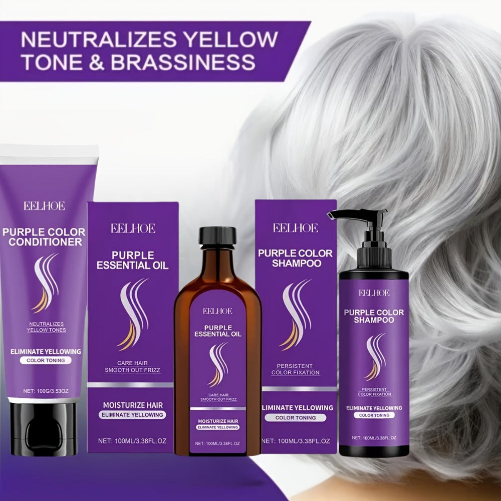 Purple Shampoo Set 3pcs — Collagen Anti-Yellowing Shampoo, Conditioner & Argan Hair Oil | Repairs Split Ends, Fixes Color & Smooths All Hair Types