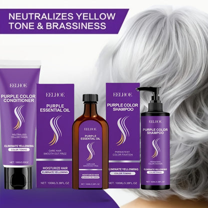Purple Shampoo Set 3pcs — Collagen Anti-Yellowing Shampoo, Conditioner & Argan Hair Oil | Repairs Split Ends, Fixes Color & Smooths All Hair Types
