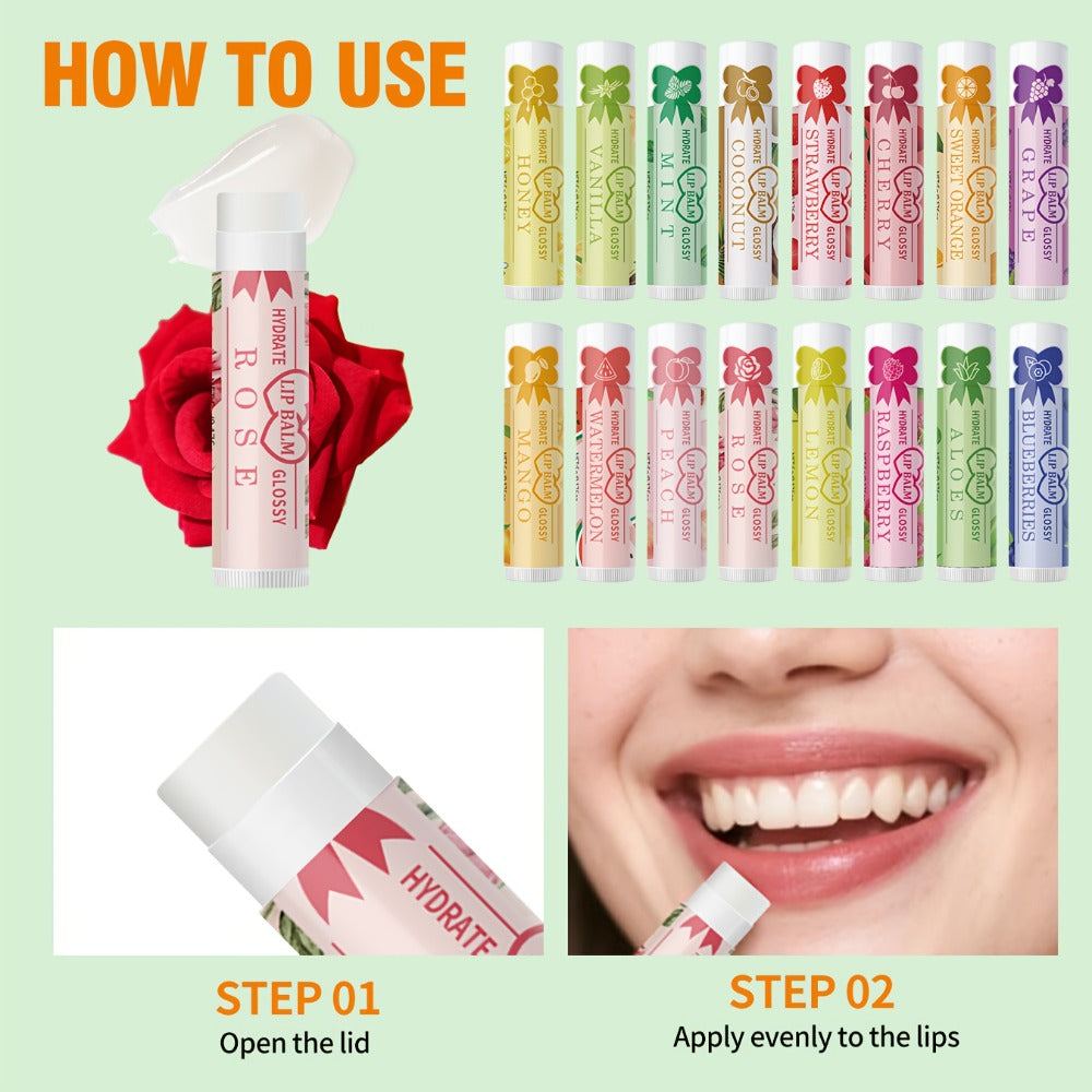 Lip Balm Set 16 Pack – Assorted Flavored Moisturizing Lip Balms for Long-Lasting Hydration & Shine | Bulk Lip Care Kit for Dry Lips, All Skin Types | Perfect Gift Set for Women, Girls & Teens
