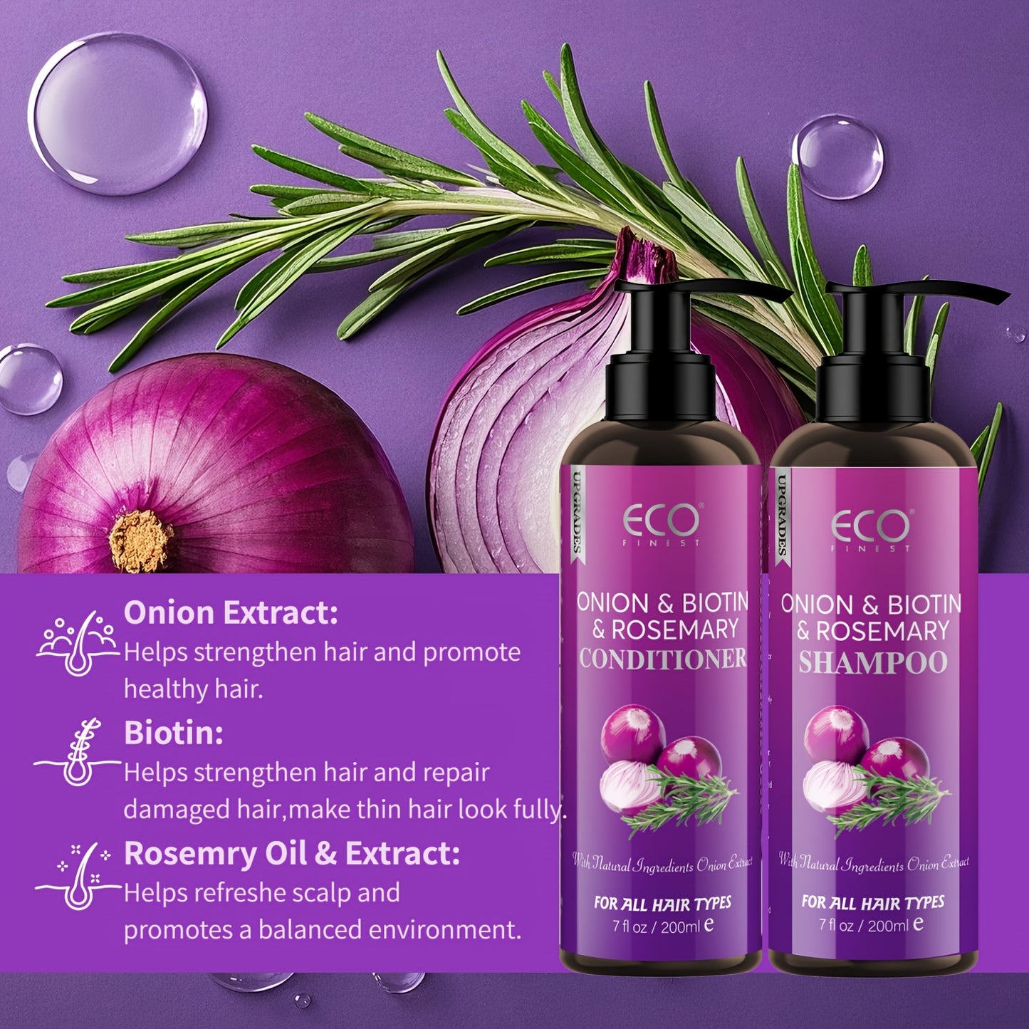 Shampoo and Conditioner Set – Biotin & Rosemary with Onion Extract & Jojoba Oil, Hydrating Oil Control Hair Care for Dry Damaged Hair & Scalp, 6.76oz 2-Pack