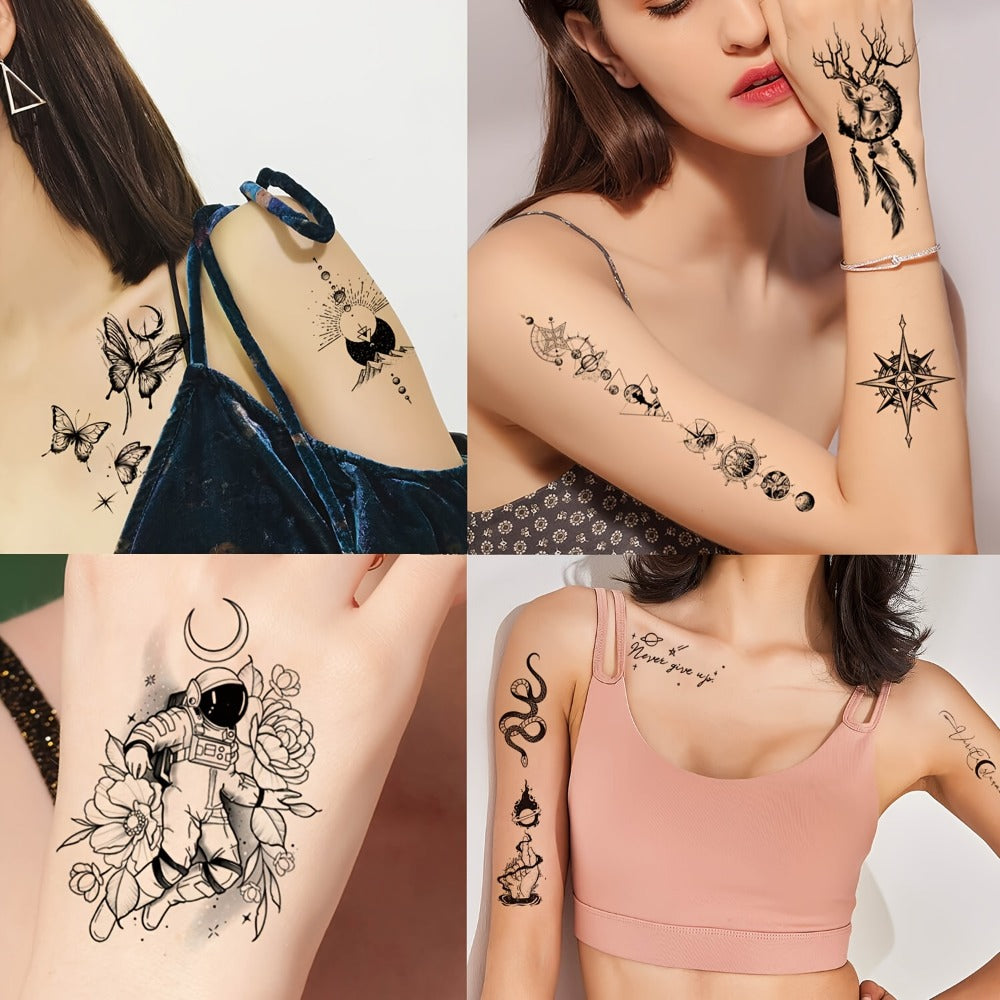 Temporary Tattoos for Women 44-Pack | Realistic Floral Butterfly Snake Half Arm Body Art Stickers | Large & Small Sheets Long-Lasting Fake Tattoo | Waterproof Black Flower Tattoo Design Set