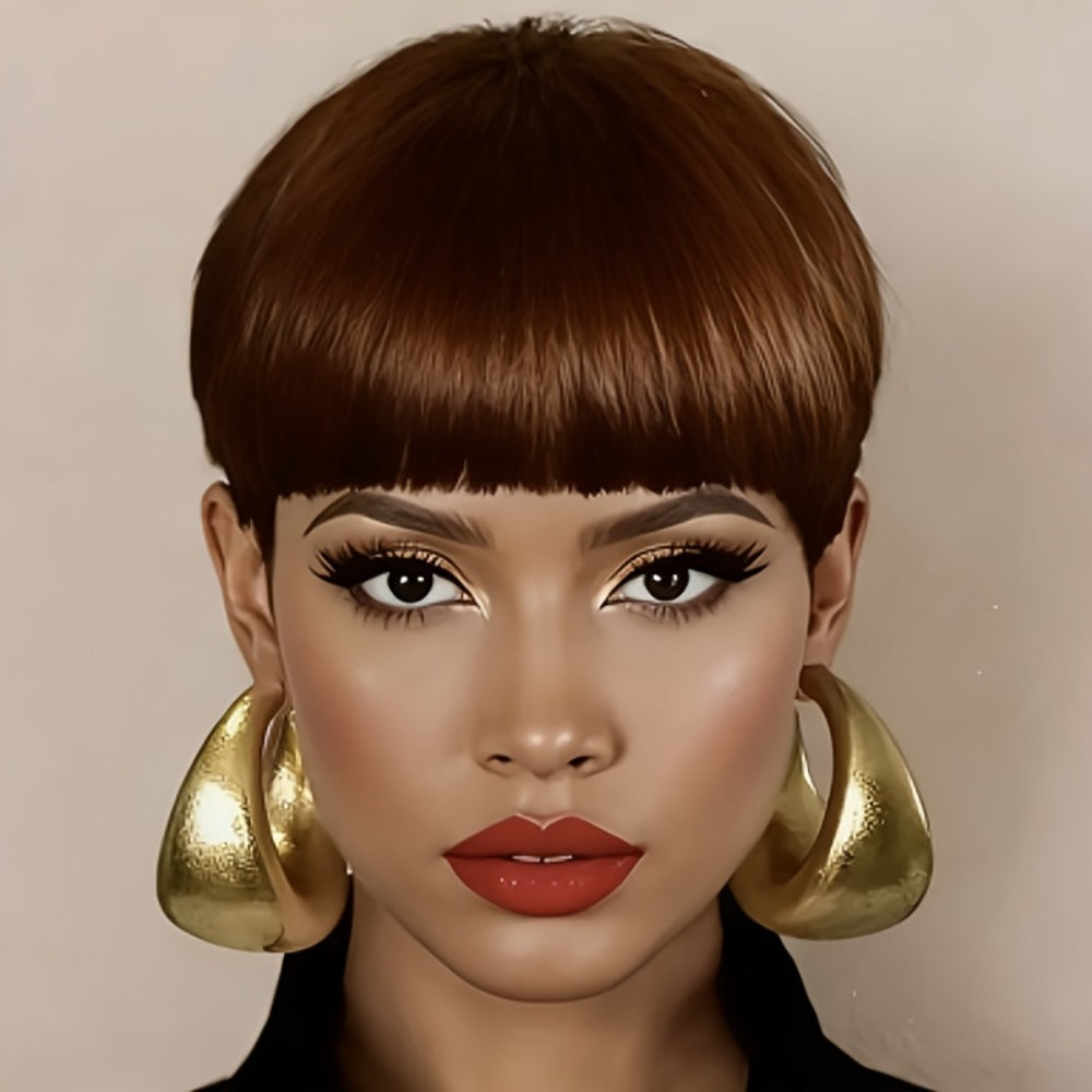Human Hair Pixie Cut Wig with Bangs 180% Density No Glue Machine Made Breathable Cap Women Black Burgundy Short 6 Inch Daily Wear Party