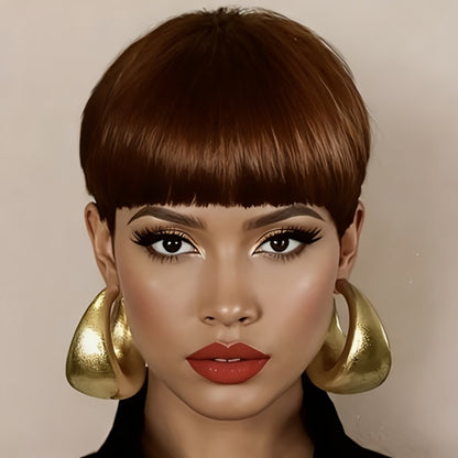 Human Hair Pixie Cut Wig with Bangs 180% Density No Glue Machine Made Breathable Cap Women Black Burgundy Short 6 Inch Daily Wear Party