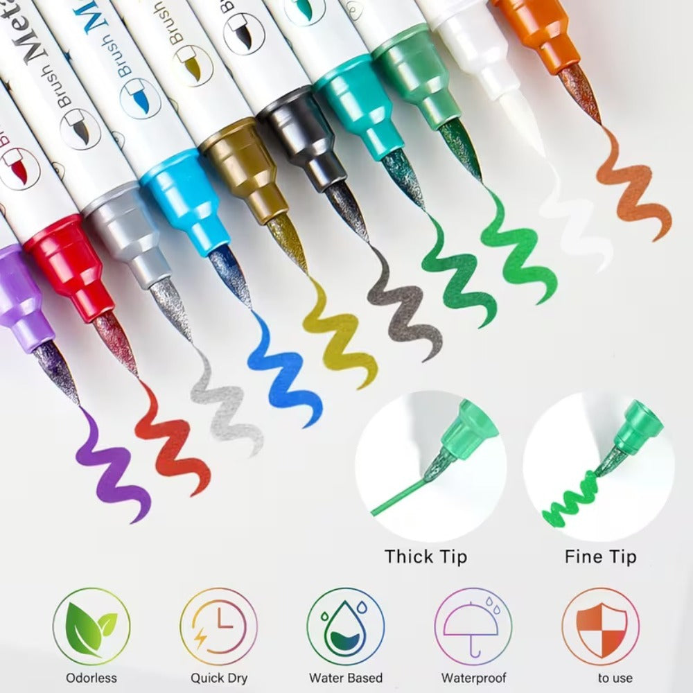 10 Color Metallic Nail Art Pens Set with 12pcs Nail Stickers| Due-Headed 3D Nail Polish Pen| Acrylic Doodle Nail Markers, Nail Paint Dot Stitching Pens, Graffiti Pens for Home Salon Nail Gift Graduation