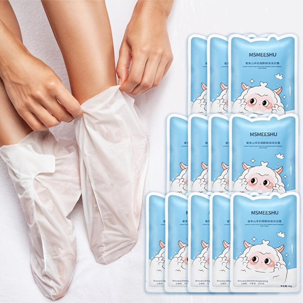10 Pairs Goat Milk & Niacinamide Moisturizing Foot Masks - Enriched with Ceramides, Hyaluronic Acid, And Allantoin. Exfoliates, Helps Prevent Cracked Skin, Brightens, And Leaves Feet Soft And Smooth. Ideal for Foot Care.