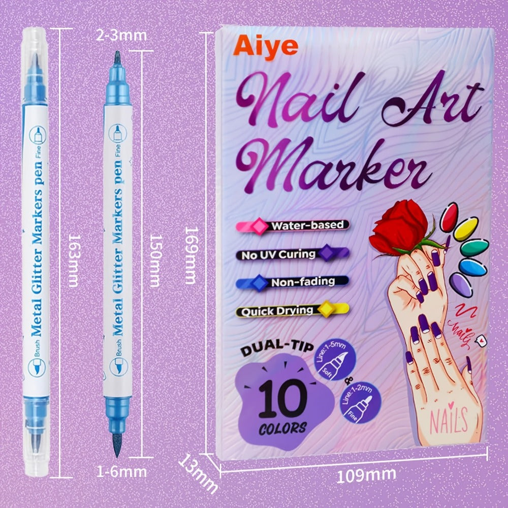 10 Colors 3D Nail Art Pens DIY Set, Double Ended Metallic Nail Marker Pens Graffiti Dotting Drawing Painting Liner Pen, Quick-Drying Acrylic Paint Pen for Home Salon Quickly Dry Nail Art